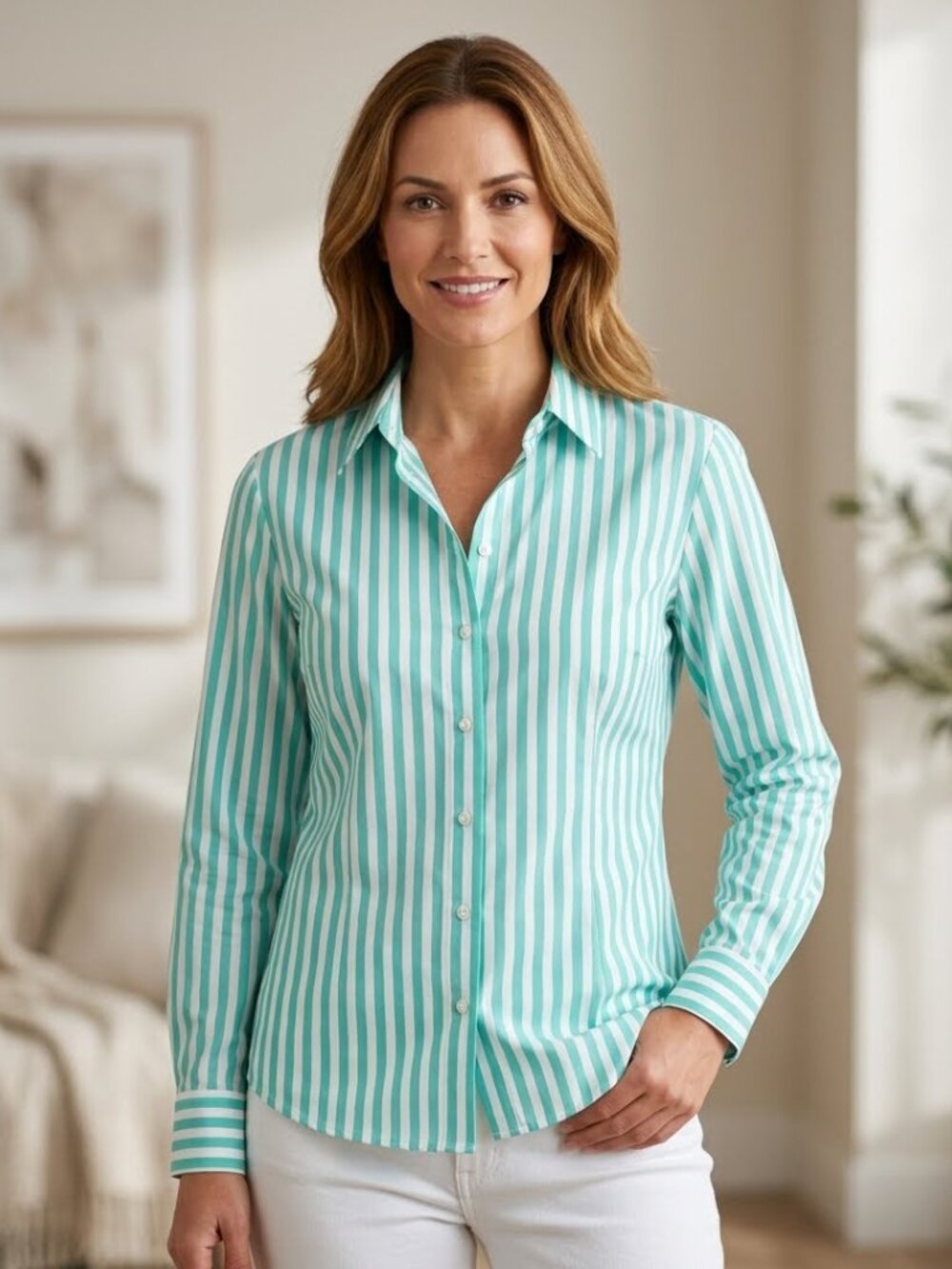 Women's Michael Kors White Aqua Striped silk shirt top blouse Size 14